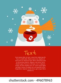 Vector cold weather design concept. Design template, layout with place for your text. Cartoon style poster with cute happy polar bear in warm winter wool cloth and hot cup of coffee, tea. Warm winter