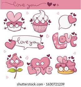 Vector coleection of kawaii Valentine day Love stickers, label and icons