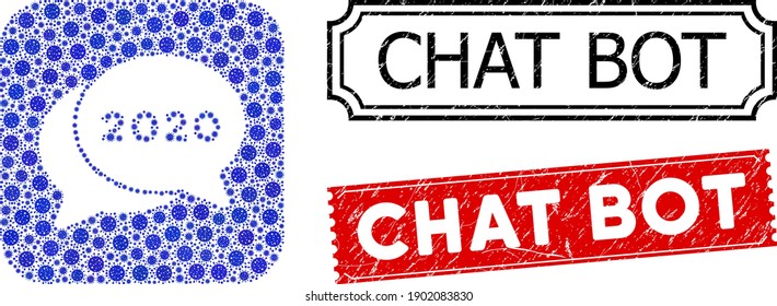 Vector collage 2020 chat messages and grunge Chat Bot seals. Mosaic 2020 chat messages created as carved shape from rounded square with blue bacterium elements.