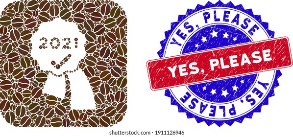 Vector collage 2021 approve award and grunge bicolor Yes, Please seal. Mosaic 2021 approve award constructed as stencil from rounded square with coffee beans.