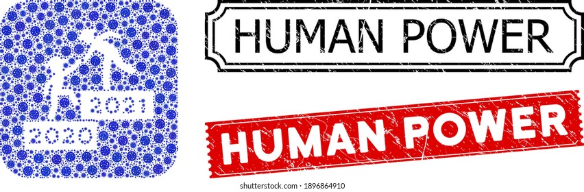 Vector collage 2021 business training and grunge Human Power seal stamps. Mosaic 2021 business training created as subtraction from rounded square of blue infection items.