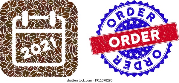 Vector collage 2021 calendar and grunge bicolor Order seal. Mosaic 2021 calendar designed as stencil from rounded square with cocoa grain. Red and blue bicolored seal with rubber style and Order tag.