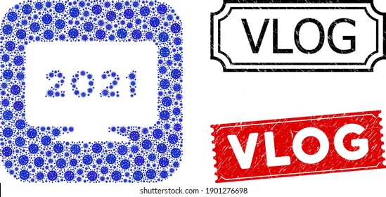Vector collage 2021 display screen and grunge Vlog seals. Mosaic 2021 display screen created as stencil from rounded square with blue cell items. Red and black seals with distress style and Vlog tag.