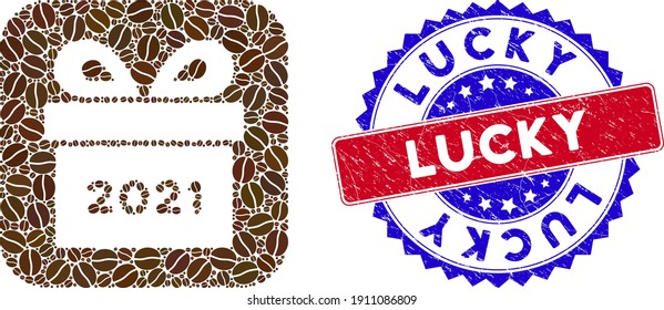 Vector collage 2021 gift and grunge bicolor Lucky seal stamp. Mosaic 2021 gift constructed as carved shape from rounded square of cocoa grain.