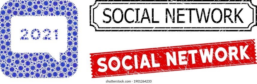 Vector collage 2021 message and grunge Social Network stamps. Mosaic 2021 message designed as carved shape from rounded square with blue infection items.