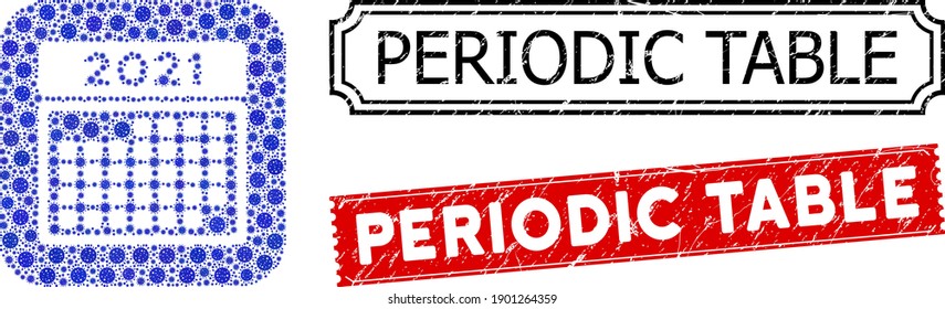 Calendario de 2021 meses de colaje de vectores y sellos de sello de la tabla periódica de grumos. Calendario Mosaic 2021 mes construido como hoyo de cuadrado redondeado con íconos de bacteria azul.