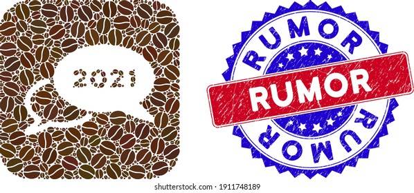 Vector collage 2021 webinar and grunge bicolor Rumor seal. Mosaic 2021 webinar designed as hole from rounded square with cocoa seeds. Red and blue bicolored badge with grunge style and Rumor word.