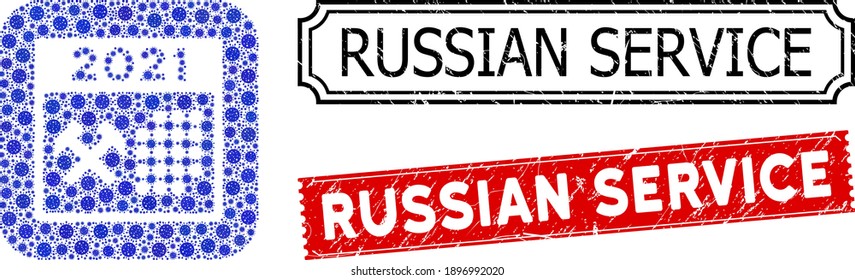 Vektor sammelt 2021 Arbeitstage und rutschte Russische Service-Siegel. Mosaik 2021 Arbeitstage als Subtraktion aus dem abgerundeten Quadrat mit blauen coviden Symbole.