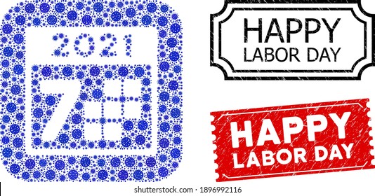 Vector Collage 2021 Year 7 Days And Grunge Happy Labor Day Stamps. Mosaic 2021 Year 7 Days Designed As Hole From Rounded Square With Blue Viral Items.