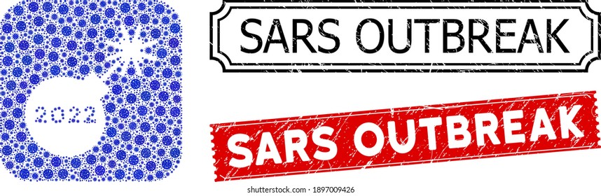 Sellos de perdigones y brotes de sars de grunge 2022. Camarada Mosaic 2022 diseñada en forma tallada a partir de cuadrado redondeado con elementos de bacila azul.
