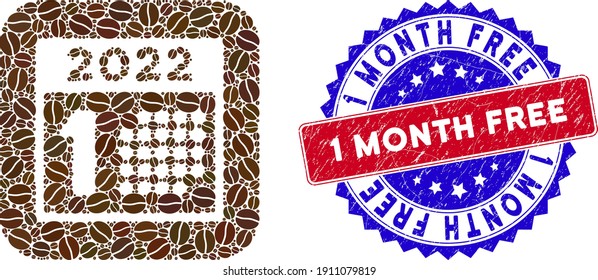 Vector collage 2022 year first day and grunge bicolor 1 Month Free stamp. Mosaic 2022 year first day constructed as subtraction from rounded square with cocoa grain.