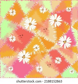 collage vectorial de LSD de 70 con flores vintage de relojes de margaritas o margaritas. Psicodelic de fondo floral con polígonos arcoiris y caras sonrientes. Pintura de tela hippie, textura hippie divertida para 