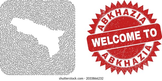 Vector collage Abkhazia map of immigration arrows and rubber Welcome badge. Collage geographic Abkhazia map constructed as hole from rounded square using pointing arrows.