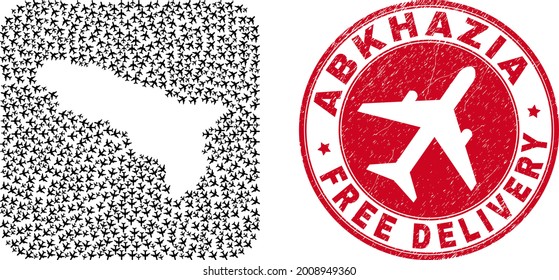 Vector collage Abkhazia map of jet vehicle elements and grunge Free Delivery stamp. Mosaic geographic Abkhazia map designed as carved shape from rounded square shape using flying out airplanes.