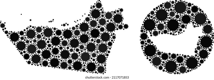 Collage vectorial del mapa del Emirato de Abu Dhabi de los ítems del virus de la gripe. Mapa geográfico mosaico del Emirato de Abu Dhabi diseñado como forma tallada de círculo con elementos de brotes de virus en tonos negros.