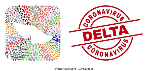 Vector collage Acre State map of different icons and Coronavirus Delta seal stamp. Collage Acre State map designed as subtraction from rounded square shape. Red round stamp with Coronavirus Delta tag.