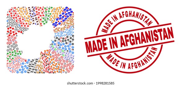 Vector collage Afghanistan map of different symbols and Made in Afghanistan badge. Collage Afghanistan map designed as carved shape from rounded square shape.