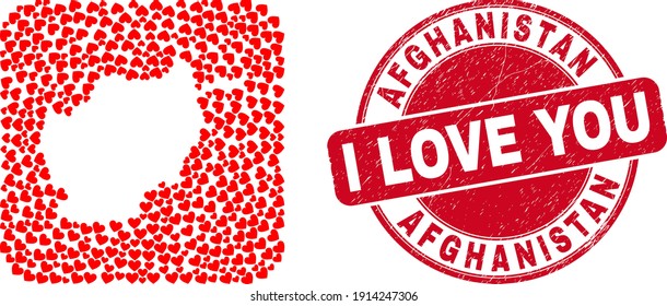 Vector collage Afghanistan map of lovely heart items and grunge love seal stamp. Collage geographic Afghanistan map created as hole from rounded square with lovely hearts.