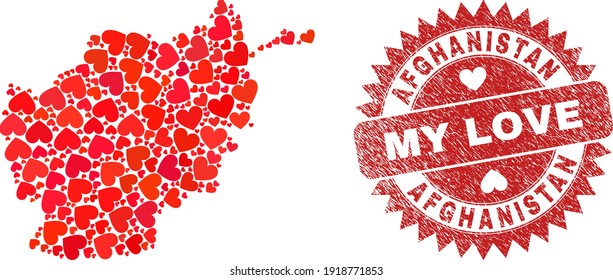 Vector collage Afghanistan map of lovely heart items and grunge My Love badge. Collage geographic Afghanistan map designed with love hearts.