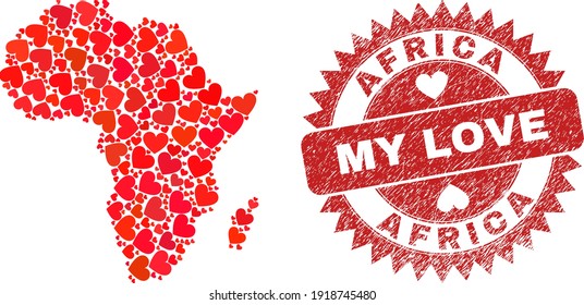 Collage vectorial de África mapa de elementos del corazón del amor y estampado de la sello de mi amor. Mapa geográfico de África de collage diseñado con corazones valentinos.