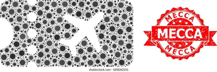 Vector collage air ticket of corona virus, and Mecca scratched ribbon stamp seal. Virus items inside air ticket mosaic. Red seal contains Mecca tag inside ribbon.