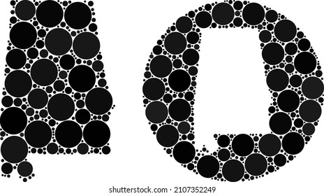 Vector collage Alabama State map of circle elements. Mosaic geographic Alabama State map constructed as carved shape from circle with round elements in black colors.