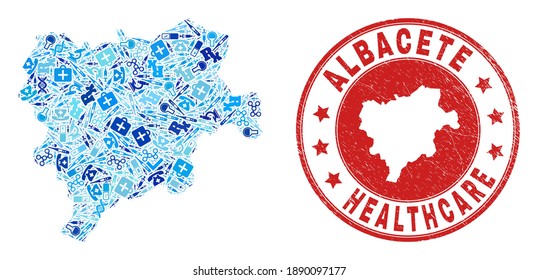 Vector collage Albacete Province map with treatment icons, medicine symbols, and grunge doctor seal stamp. Red round watermark with grunge rubber texture and Albacete Province map word and map.