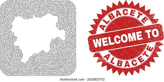 Vector collage Albacete Province map of moving arrows and rubber Welcome seal stamp. Collage geographic Albacete Province map constructed as carved shape from rounded square using moving arrows.