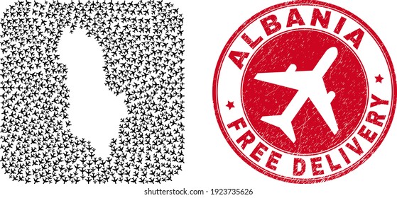 Vector collage Albania map of air force items and grunge Free Delivery stamp. Mosaic geographic Albania map created as subtraction from rounded square with air force plane symbols coming out.