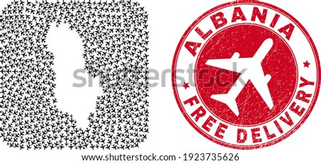 Vector collage Albania map of air force items and grunge Free Delivery stamp. Mosaic geographic Albania map created as subtraction from rounded square with air force plane symbols coming out.