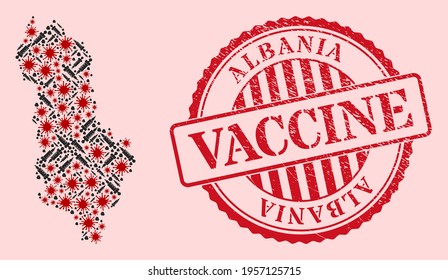 Collage vectorial Albania mapa del virus de la gripe, íconos de tratamiento y sello de sello de la vacuna de grunge roja. Partículas de virus y partículas de dosis dentro del mapa de Albania.
