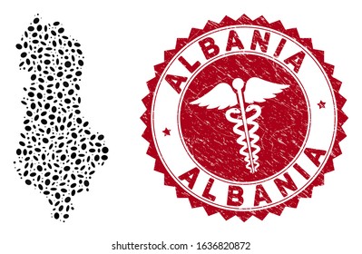 Vector collage Albania map and red rounded distressed stamp seal with caduceus sign. Albania map collage composed with elliptic elements. Red round health care seal stamp, with dirty texture.