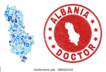 Vector collage Albania map with vaccine icons, chemical symbols, and grunge doctor stamp. Red round stamp with grunge rubber texture and Albania map text and map.
