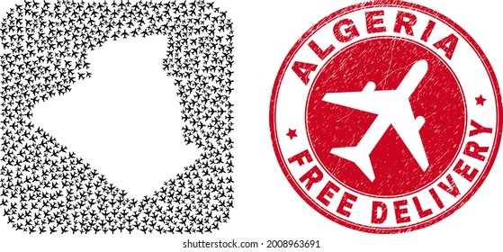 Vector collage Algeria map of airplane items and grunge Free Delivery seal. Collage geographic Algeria map created as carved shape from rounded square shape with coming out air force symbols.