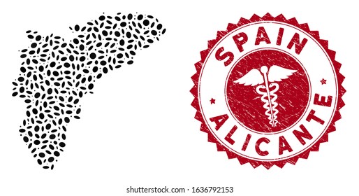 Vector collage Alicante Province map and red rounded corroded stamp watermark with medic symbol. Alicante Province map collage composed with elliptic items. Red rounded medical seal stamp,