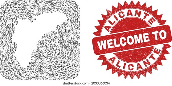 Vector collage Alicante Province map of motion arrows and rubber Welcome stamp. Collage geographic Alicante Province map created as stencil from rounded square shape using movement arrows.