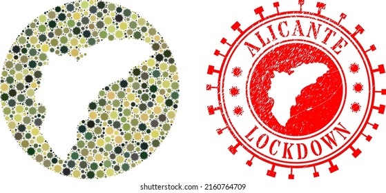 Vector collage Alicante Province map of sars virus elements and grunge LOCKDOWN badge.
