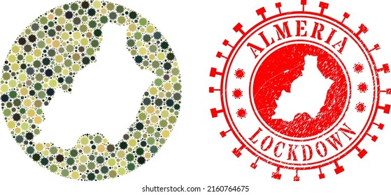 Vector collage Almeria Province map of covid elements and grunge LOCKDOWN seal stamp.