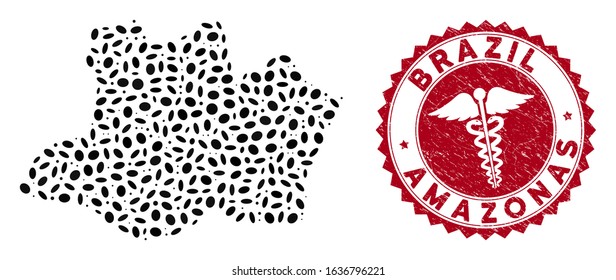 Vector collage Amazonas State map and red round distressed stamp seal with medical sign. Amazonas State map collage designed with oval items. Red round serpents seal, with distress texture.