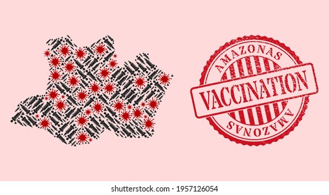 Vector collage Amazonas State map of flu virus, vaccine icons, and red grunge vaccine stamp. Virus particles and inoculation items inside Amazonas State map.