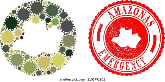 Vector collage Amazonas State map of covid virus icons and grunge EMERGENCY seal stamp.