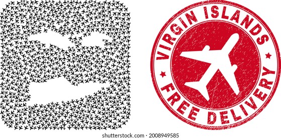 Vector collage American Virgin Islands map of aircraft items and grunge Free Delivery badge.