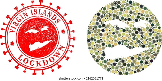 Collage de vectores mapa de íconos de las Islas Vírgenes Estadounidenses y sello de sello de sello LOCKDOWN.