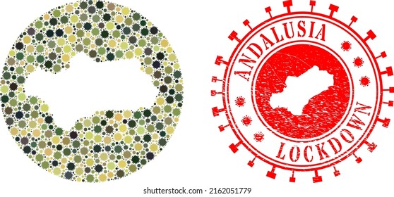Vektorcollage Andalusien Provinz Karte von covid Infektionen Symbole und Grunge LOCKDOWN Stempel.