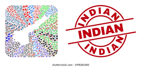 Vector collage Andhra Pradesh State map of different icons and Indian seal stamp. Collage Andhra Pradesh State map designed as subtraction from rounded square. Red round stamp with Indian tag.