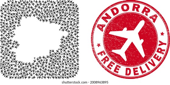 Vector collage Andorra map of aviation elements and grunge Free Delivery seal stamp.