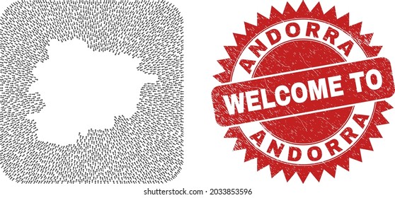 Vector collage Andorra map of pointing arrows and rubber Welcome badge. Mosaic geographic Andorra map created as hole from rounded square shape with direction arrows.