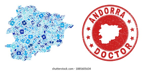 Vector collage Andorra map with vaccination icons, medicine symbols, and grunge health care seal stamp. Red round watermark with grunge rubber texture and Andorra map tag and map.