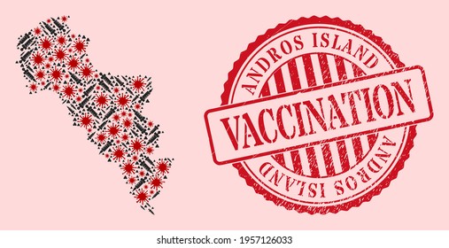 Vector collage Andros Island of Greece map of flu virus, vaccination icons, and red grunge vaccine seal stamp. Virus items and syringe items inside Andros Island of Greece map.