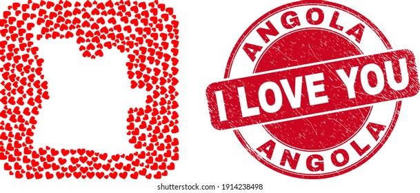 Vector collage Angola map of lovely heart items and grunge love seal. Collage geographic Angola map constructed as carved shape from rounded square shape with lovely hearts.
